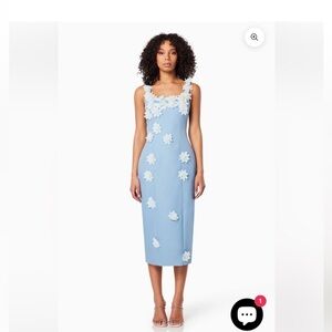 elliatt prague blue & white 3d floral applique fitted midi dress size small NEW